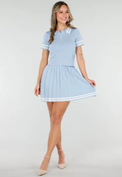 Blauwe Set met Polo Top en Plissé Rok