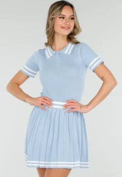 Blauwe Set met Polo Top en Plissé Rok