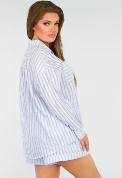 Blauwe Set van Short en Blouse met Streepjes en Elastische Tailleband