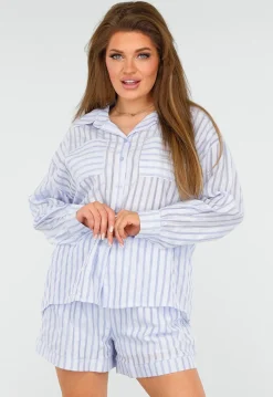 Blauwe Set van Short en Blouse met Streepjes en Elastische Tailleband