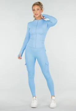 Blauwe Sportset met Scrunch Legging en Vest Cargo Zakjes