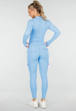 Blauwe Sportset met Scrunch Legging en Vest Cargo Zakjes