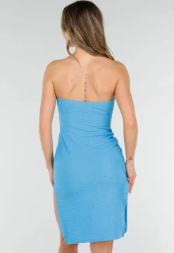 Blauwe Strapless Midi Jurk met Split en Stretch