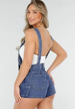 Blauwe Stretch Cargo Playsuit met Open Rug en Bretels