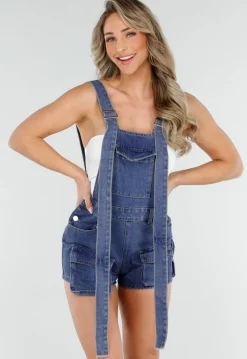 Blauwe Stretch Cargo Playsuit met Open Rug en Bretels