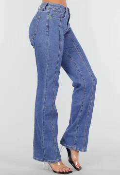 Blauwe Stretch Jeans met Rechte Pijpen en Verticale Stiknaden
