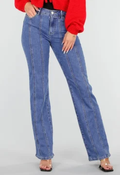 Blauwe Stretch Jeans met Rechte Pijpen en Verticale Stiknaden