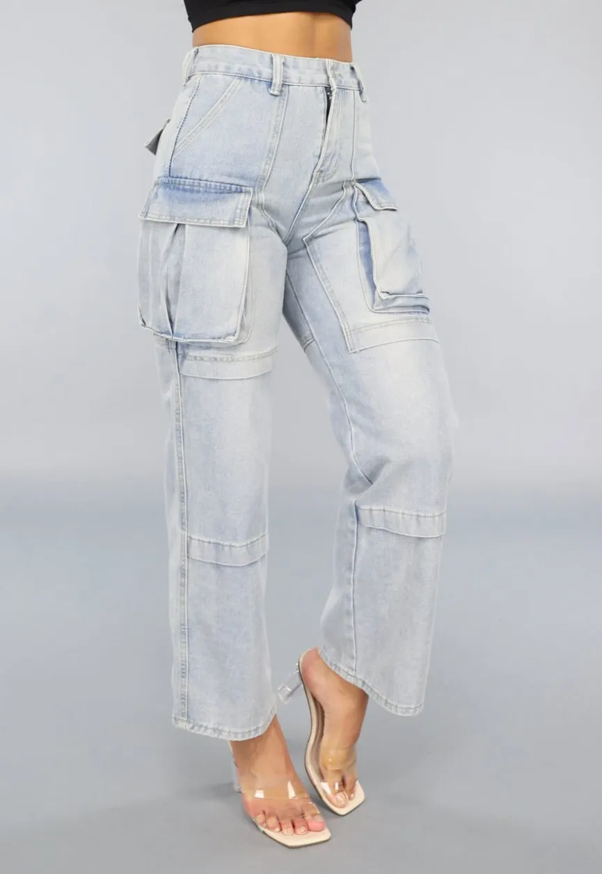 Blauwe Utility Jeans met Wijde Pijpen en Zakken