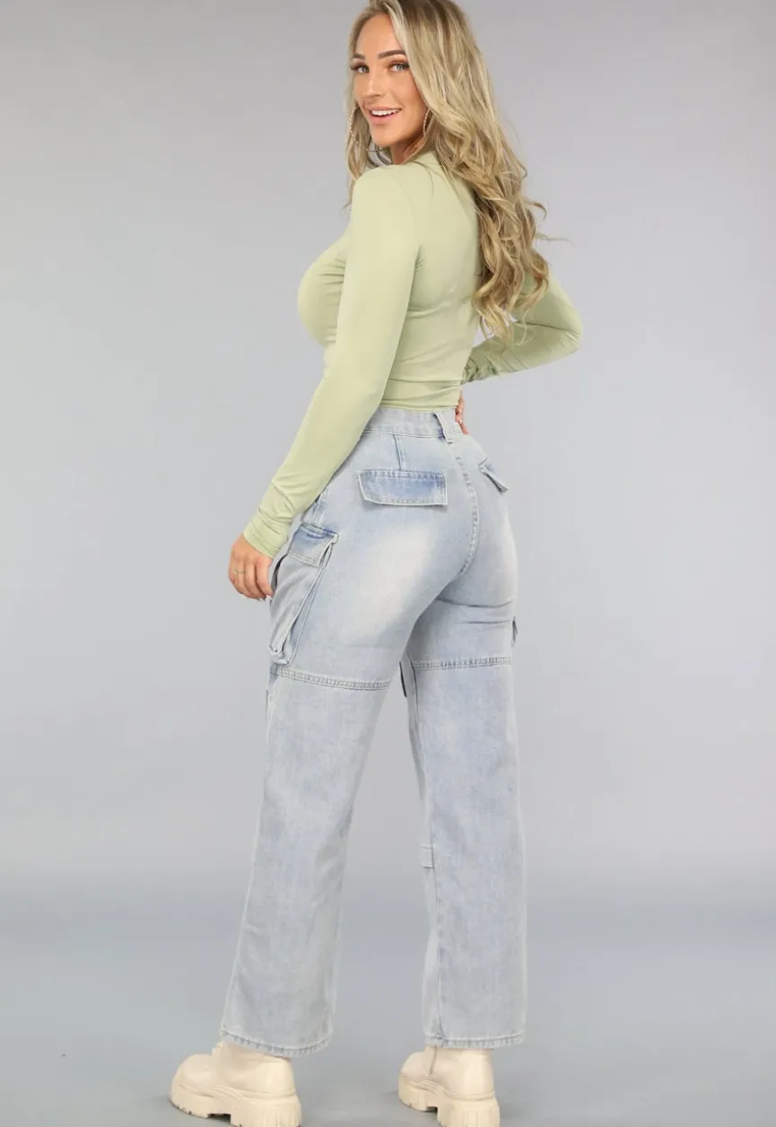 Blauwe Utility Jeans met Wijde Pijpen en Zakken