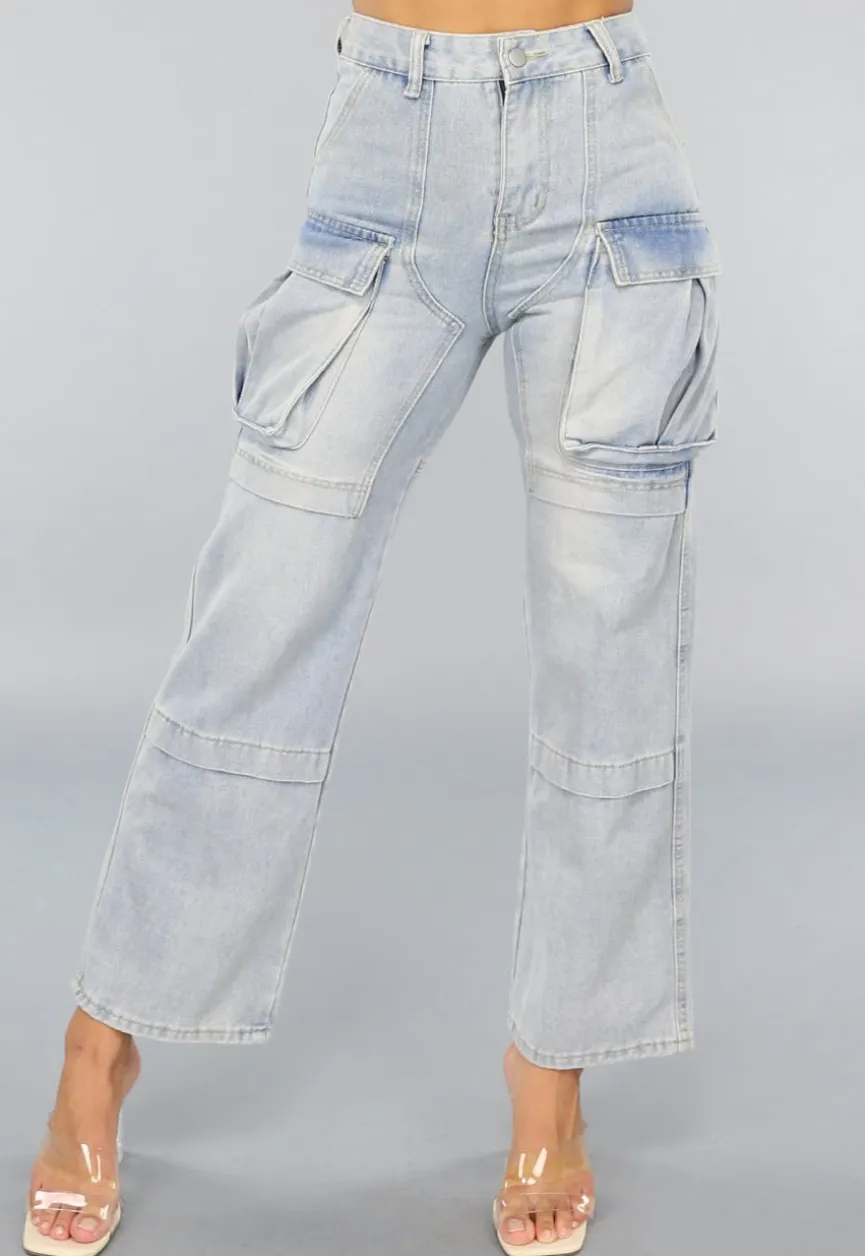Blauwe Utility Jeans met Wijde Pijpen en Zakken