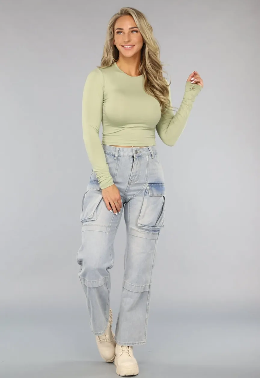 Blauwe Utility Jeans met Wijde Pijpen en Zakken