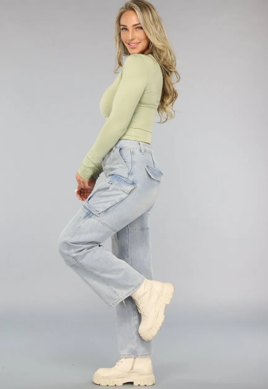Blauwe Utility Jeans met Wijde Pijpen en Zakken