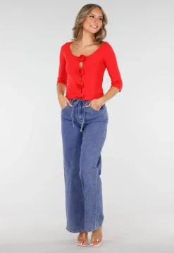 Blauwe Wide Leg Jeans met Elastische Taille en Strikkoord
