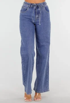 Blauwe Wide Leg Jeans met Elastische Taille en Strikkoord
