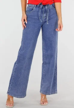 Blauwe Wide Leg Jeans met Elastische Taille en Strikkoord