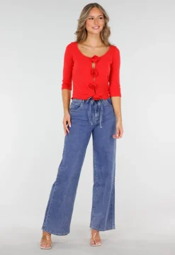 Blauwe Wide Leg Jeans met Elastische Taille en Strikkoord