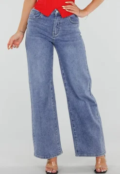 Blauwe Wide Leg Jeans met Ster Achterzak en Lichte Stretch