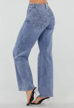 Blauwe Wide Leg Jeans met Ster Achterzak en Lichte Stretch