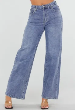 Blauwe Wide Leg Jeans met Ster Achterzak en Lichte Stretch