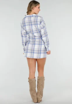 Blauw Geruite Blouse Jurk met Strikmouwen
