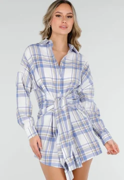 Blauw Geruite Blouse Jurk met Strikmouwen