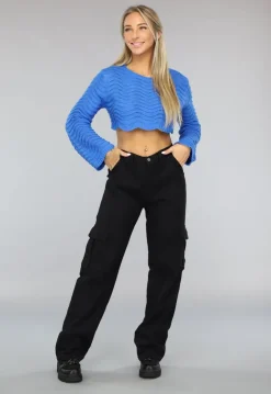 Blauw Golvend Cropped Truitje met Trompet Mouwen