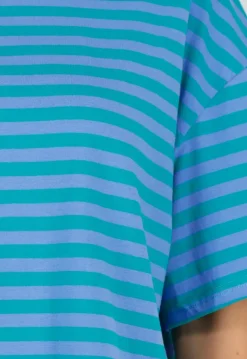 Blauw Groene Gestreepte T-shirt met Ronde Hals en Korte Mouwen
