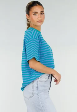 Blauw Groene Gestreepte T-shirt met Ronde Hals en Korte Mouwen