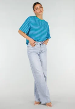 Blauw Groene Gestreepte T-shirt met Ronde Hals en Korte Mouwen