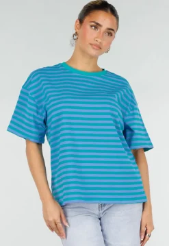 Blauw Groene Gestreepte T-shirt met Ronde Hals en Korte Mouwen