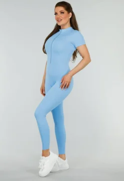 Blauw Kleurige Sport Jumpsuit met Korte Mouwen en Rits
