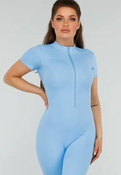 Blauw Kleurige Sport Jumpsuit met Korte Mouwen en Rits
