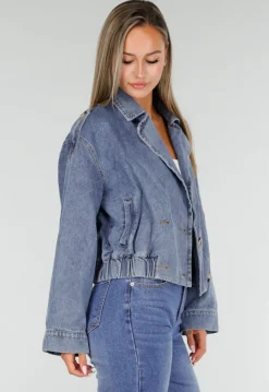 Blauw Kort Denim Jasje met Revers en Dubbele Knoopsluiting