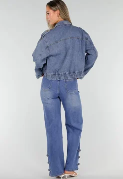 Blauw Kort Denim Jasje met Revers en Dubbele Knoopsluiting