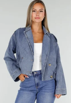 Blauw Kort Denim Jasje met Revers en Dubbele Knoopsluiting