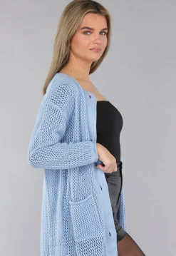 Blauw Oversized Gebreid Vest met Gouden Knopen