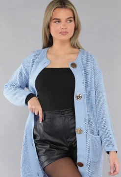 Blauw Oversized Gebreid Vest met Gouden Knopen