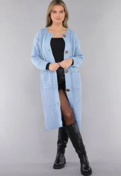 Blauw Oversized Gebreid Vest met Gouden Knopen