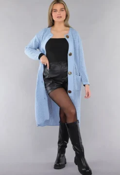 Blauw Oversized Gebreid Vest met Gouden Knopen
