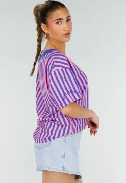 Blauw Roze Gestreepte Oversized T-shirt met V-hals