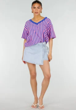 Blauw Roze Gestreepte Oversized T-shirt met V-hals