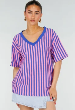 Blauw Roze Gestreepte Oversized T-shirt met V-hals