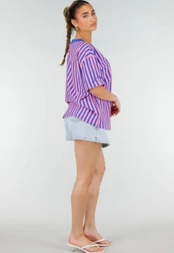 Blauw Roze Gestreepte Oversized T-shirt met V-hals