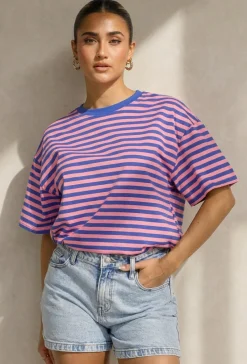 Blauw Roze Gestreept T-shirt met Korte Mouwen en Ronde Hals