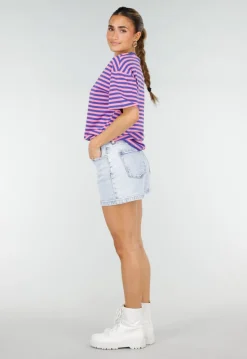 Blauw Roze Gestreept T-shirt met Korte Mouwen en Ronde Hals