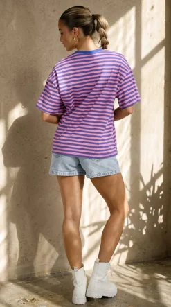 Blauw Roze Gestreept T-shirt met Korte Mouwen en Ronde Hals