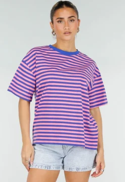 Blauw Roze Gestreept T-shirt met Korte Mouwen en Ronde Hals