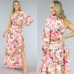 Bloemenprint Maxi Jurk met One Shoulder en Cut Outs