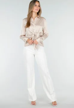 Blouse met Lange Mouwen in Beige Satijn