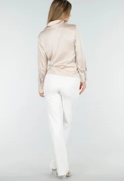 Blouse met Lange Mouwen in Beige Satijn